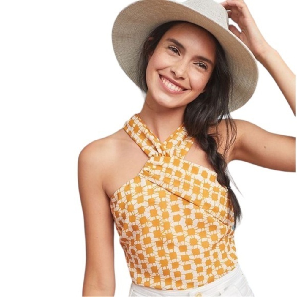 Waverly Grey Liberant Batik Sleeveless Criss Cross Knot Top in Cream & Mustard